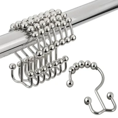 Produktbild von Duschvorhanghaken, Duschvorhangringe aus rostfreiem Metall mit Doppelgleitfunktion für Duschvorhänge, 12er-Set – Nickel