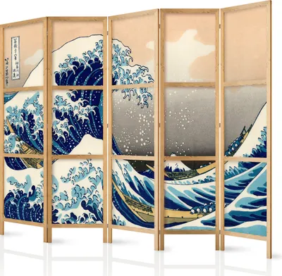 A five-panel folding screen with a Japanese wave design.