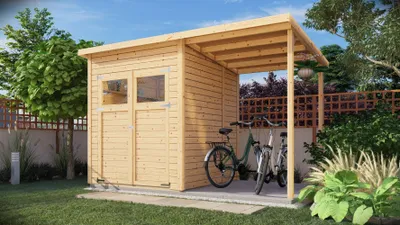 Produktbild von Gartenhaus Dresden 02 mit Anbaudach inkl. Fußboden, Naturbelassen - 14 mm Elementgartenhaus, Nutzfläche: 3,00 m², Pultdach