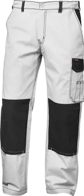 A pair of white work pants with black knee patches and a black cargo pocket.