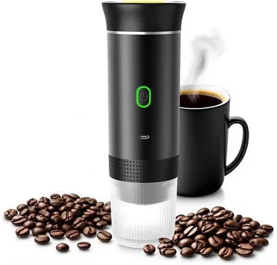 Obrázok produktu pre Prenosný kávovar – Bezdrôtový, určený do auta – Espresso – Kávovar na kapsule – Kávovar na mletú kávu – Na prípravu kávy do šálok – Nabíjateľný – Prenosný kávovar – Čierna farba – Nabíjateľný