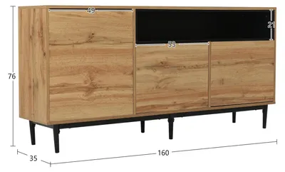 Zdjęcie produktu dla Komoda – szafka RTV – 3 drzwi – otwarta półka – półka wewnętrzna – 160 x 35 x 76 cm – wygląd drewna w kolorze czarnym