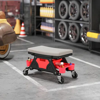 Produktbild von SUGIFT Werkstatthocker mit Rollen, Rollhocker Montagehocker mit Schublade, Kunststoff, Grau | 35 cm Sitzhöhe | bis 135 kg | 4 Gummirollen