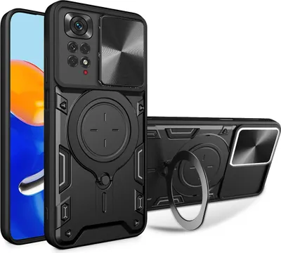 Produktbild von Handyhülle für Xiaomi Redmi Note 11 4G /Note 11s Dual-Layer Stoßfest Rüstung Hülle mit Dia Kameraschutz und Kreisförmig Ring Ständer Schwarz
