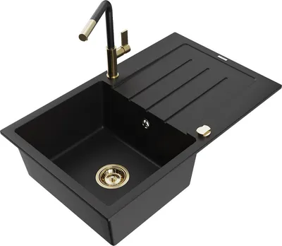 Produktbild von Mexen Bruno 1 Becken-Granitspüle mit Abtropffläche und Mischbatterie Flora, Schwarz - 6513-77-670401-57-G