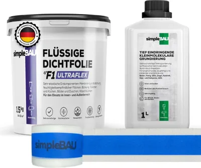 Produktbild von SimpleBau Flüssigfolie Dichtfolie F1 Ultraflex 1,5 kg + Tiefengrund 1L und Elastisches Dichtband 5M , Abdichtung für Bad, Dusche, Balkon , Wasserfest