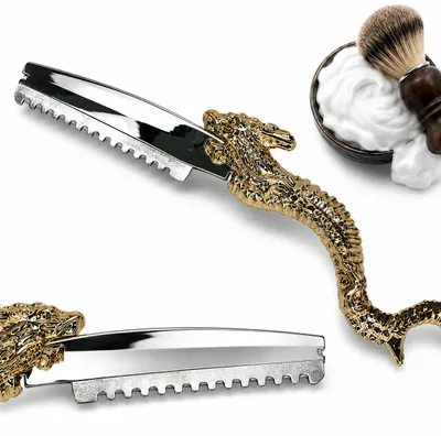 Image de Rasoir de barbier professionnel en style dragon doré, productTiles.product.images.aiGenerated