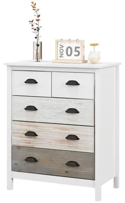 Productafbeelding van Commode met 5 lades - Commode | Kleur: Wit + Donkerbruin | Afmetingen: 70x38x85 cm