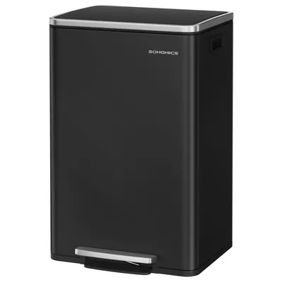 A black pedal bin with a silver pedal and rim, shown from the front.