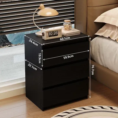 Obrázok produktu pre Nočný Stolík / Stolík Do Spálne – 3 Zásuvky, Čierny, 60 Cm, Moderný Loftový Štýl