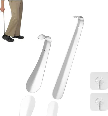 Produktbild von 2er Set Schuhlöffel Metall und Edelstahl Lang 30cm und Kurz 14.5cm Ergonomischer Schuhanzieher mit Wandhalterung für Senioren Kinder und alle die sich schwer bücken
