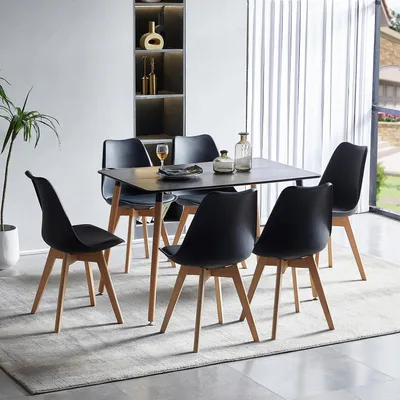Image de Ensemble de salle à manger comprenant une table rectangulaire noire avec 6 chaises noires, dimensions : 110 x 70 cm