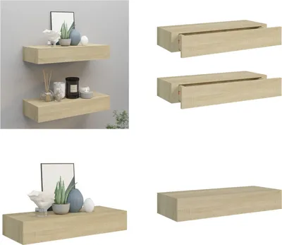 Produktbild von vidaXL Wandregale mit Schubladen 2 Stk. Eichen Optik 60x23,5x10 cm MDF - Schubladenregal - Schubladenregale - Wandregal - Wandregale