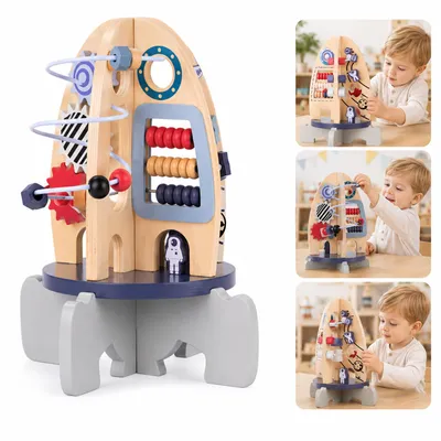 Produktbild von Weltraum Raketen-Spielzeug aus Holz – Montessori Lernspielzeug mit Motorikschleife, Drehzahnrädern und sensorischer Förderung ab 12 Monaten