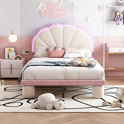 Produktbild von Flieks Polsterbett 90x200 mit Led, Kinderbett Jugendbett mit Lattenrost, Einzelbett mit Polsterfußbeinen, Klassisches Bett, Samt, Beige Rosa
