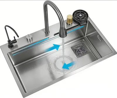 Immagine prodotto di Domotechnika | Lavello - Multifunzionale - 60x45 cm - Attacco idraulico - Acciaio inossidabile - Rettangolare - Con rubinetto a 3 vie estraibile