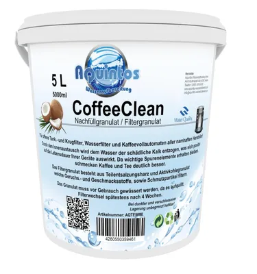 Produktbild von Aquintos CoffeeClean Nachfüllgranulat Filtergranulat für Wasserfilter Kaffeevollautomaten Tischwasserfilter Filterpatronen Aquintos-Water-Technologie 10 Jahre AQTE5000 der lang bewährte Standard unter den Granulaten AQTE5000