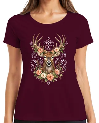 Produktbild von Eleganter Hirsch Blumenkranz Geweih Wald Boho Natur Lederhose Reh Damen T-Shirt, Burgundy, S
