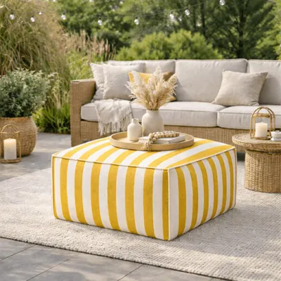 Obrázek produktu pro Sedací vaky Patio, křeslo 70 x 70 x 36 cm, balkonový nábytek, zahradní nábytek, odolná a povětrnostně odolná látka Club, žlutá a bílá
