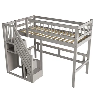 Produktbild von MODFU Hochbett 90x200cm mit Rausfallschutz, Etagenbett Kinderbett mit Stauraum Treppe, Massivholzbett Stockbett mit Lattenrost, Jugendbett Bettgestell, Grau