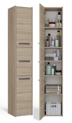 A tall, narrow cabinet with its door open, revealing shelves stocked with toiletries and towels.