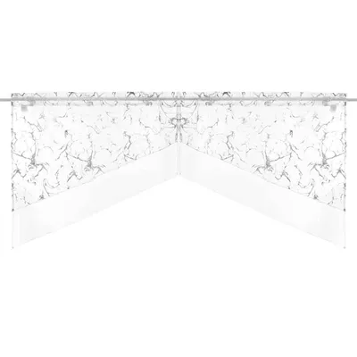 A valance curtain with a marble pattern and a white border is hung on a curtain rod.