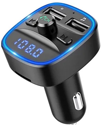 Immagine prodotto di Trasmettitore FM Bluetooth, adattatore radio per auto wireless, caricabatterie per auto universale con chiavetta USB e lettore MP3, supporto per scheda SD e disco USB, vivavoce, LED blu