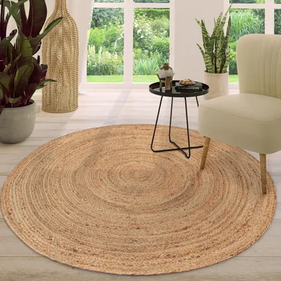 Produktbild von TT Home Wohnzimmer Teppich Jute Rund Modern Boho Ethno Handgefertigter Natur-Teppich Uni Größe 160 cm Rund
