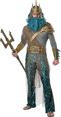 A man wearing a Poseidon costume, holding a trident.