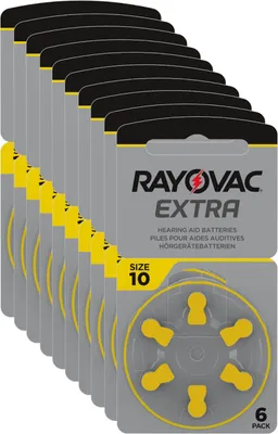 A stack of Rayovac Extra hearing aid battery packages.