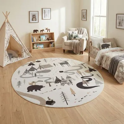 Obrázek produktu pro Carpetsale24 D?tský koberec lesní zví?ata hrací koberec kulatý do d?tského pokoje barva krémová Velikost: 160 cm kulatý