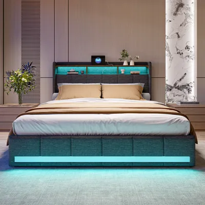Image de Fortuna Lai Lit rembourré 160x200 cm en gris, Lit jeune & double avec sommier à lattes, connexion USB, éclairage LED et 4 tiroirs, housse en lin