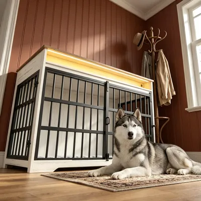Produktbild von Hundekäfig Möbel mit RGB & Steckdose, 119 cm Hundebox, Weiß Braun | Hundebox für Zuhause für Mittlere Große Hunde, XXL Modernes Hundekäfig mit Kissen