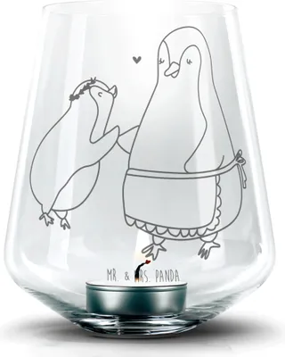 Produktbild von Mr. & Mrs. Panda Kerzenhalter Pinguin mit Kind - Transparent - Geschenk, Familie, Mama, gravur glas, Teelichthalter, Muttertag, Laterne, Mutti, Vorbild, Windlicht