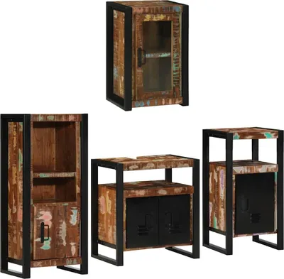 Image de vidaXL Ensemble de meubles de salle de bains avec porte 4 pcs Multicolore Vieux bois massif