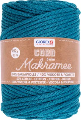 Produktbild von GLOREX Makramee Cord 5mm 500g, gewebt türkis, Baumwolle, Viskose, Polyester, Türkis, 85 m, 5 mm, 500 g, 110 mm