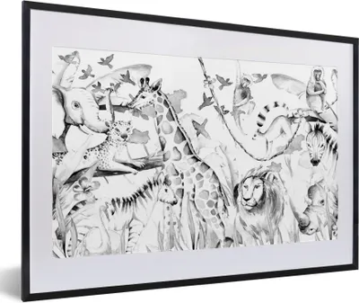 Produktbild von MuchoWow® Gerahmtes Poster Wasserfarben - Tiere - Dschungel - Rosa - Mädchen - Kinder - Kinder 60x40 cm - Poster mit Schwarzem Bilderrahmen Wandposter Rahmen Foto Bilder - Schlafzimmer - Plakat in Rahmen - Drucken