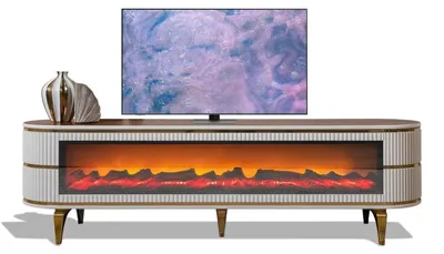 Image de Armoire TV en bois blanc et brun avec cheminée pour le salon.