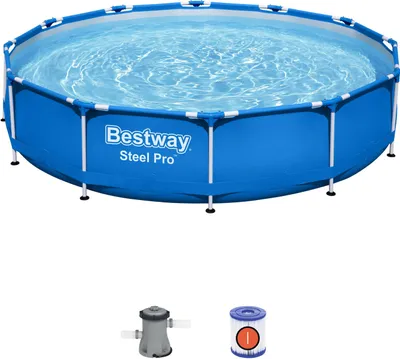 Produktbild von Bestway Steel Pro 56681 Frame Familienpool Rund 376 x 76 cm, 6.473 Liter, Blau, DuraPlus, FrameLink System, korrosionsbeständiger Stahlrahmen, integriertes Ablassventil, schnelle Montage