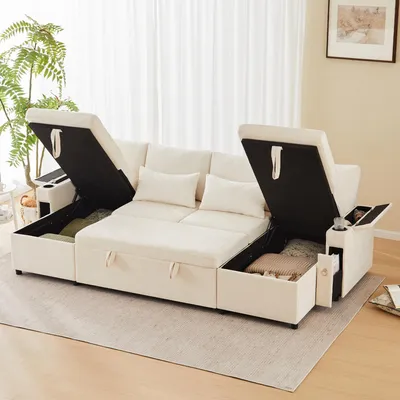 Immagine prodotto di Divano angolare Merax, divano letto a U a 4 posti, divano trasformabile con base letto, funzione letto, cuscini, set divano, divano in ciniglia, beige