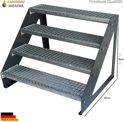 Produktbild von Gitterrost Stahl Wangentreppe 4 Stufen Freistehend Verzinkt & Anthrazit Pulverlackierte Wangen - (L x B x H) 82cm x 60cm x 76cm