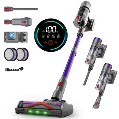 A collection of vacuum cleaner parts and accessories arranged around a cordless stick vacuum cleaner.