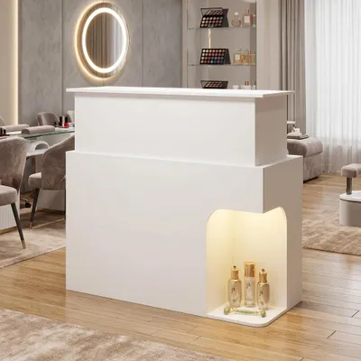 Produktbild von Empfangstheke 120x50x110cm Weiß mit 3-farbiger LED-Beleuchtung, Kassentisch mit 2 verschließbaren Schubladen, Stauraum, Büro, Nagelstudio Friseursalon, KI-generiertes Bild