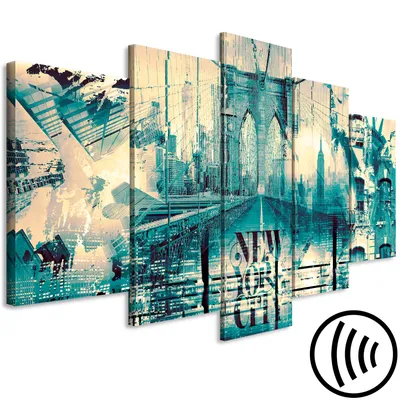 Produktbild von Akustikbild Stadt New York 200x100 cm Bilder Akustikschaum Hochleistungsschallabsorber Schallschutz Leinwand 5 tlg Wandbild Raumakustik Schalldämmung Collage City NYC d-A-0101-b-o