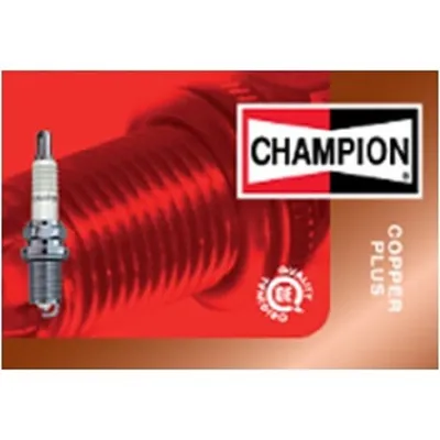 A Champion spark plug is shown on a red background with branding and product information.
