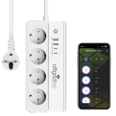 Obrázek produktu pro Chytrá čtyřcestná zásuvková lišta Offgridtec + 2x USB-A a 2x USB-C připojení s aplikací Smart Life nebo Tuya - 1,5m kabel
