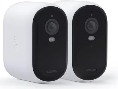 Two white and black Arlo Essential 2 XL FHD Outdoor Cameras are shown against a white background.