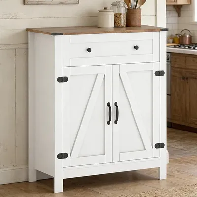 Image de Buffet de cuisine, armoire de cuisine avec plan de travail, buffet avec tiroir et étagère réglable, meuble d'appoint en bois de style rustique, meuble multifonctionnel, dimensions : 80 x 40 x 92 cm, blanc