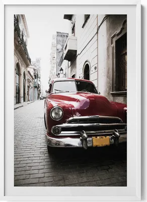 Produktbild von Altes rotes Auto– Wandbild mit Rahmen – Gerahmtes Bild  – Wanddekoration – 70x100 cm –  Weiß Rahmen