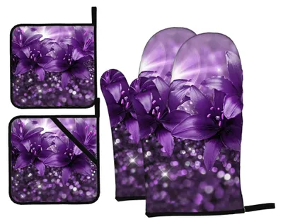 Produktbild von Ofenhandschuhe und Topflappen, lila Blume, Set mit 4 rutschfesten Grillhandschuhen, Küchenhandschuhe, hitzebeständig, für Küche, Kochen, Backen, Grillen